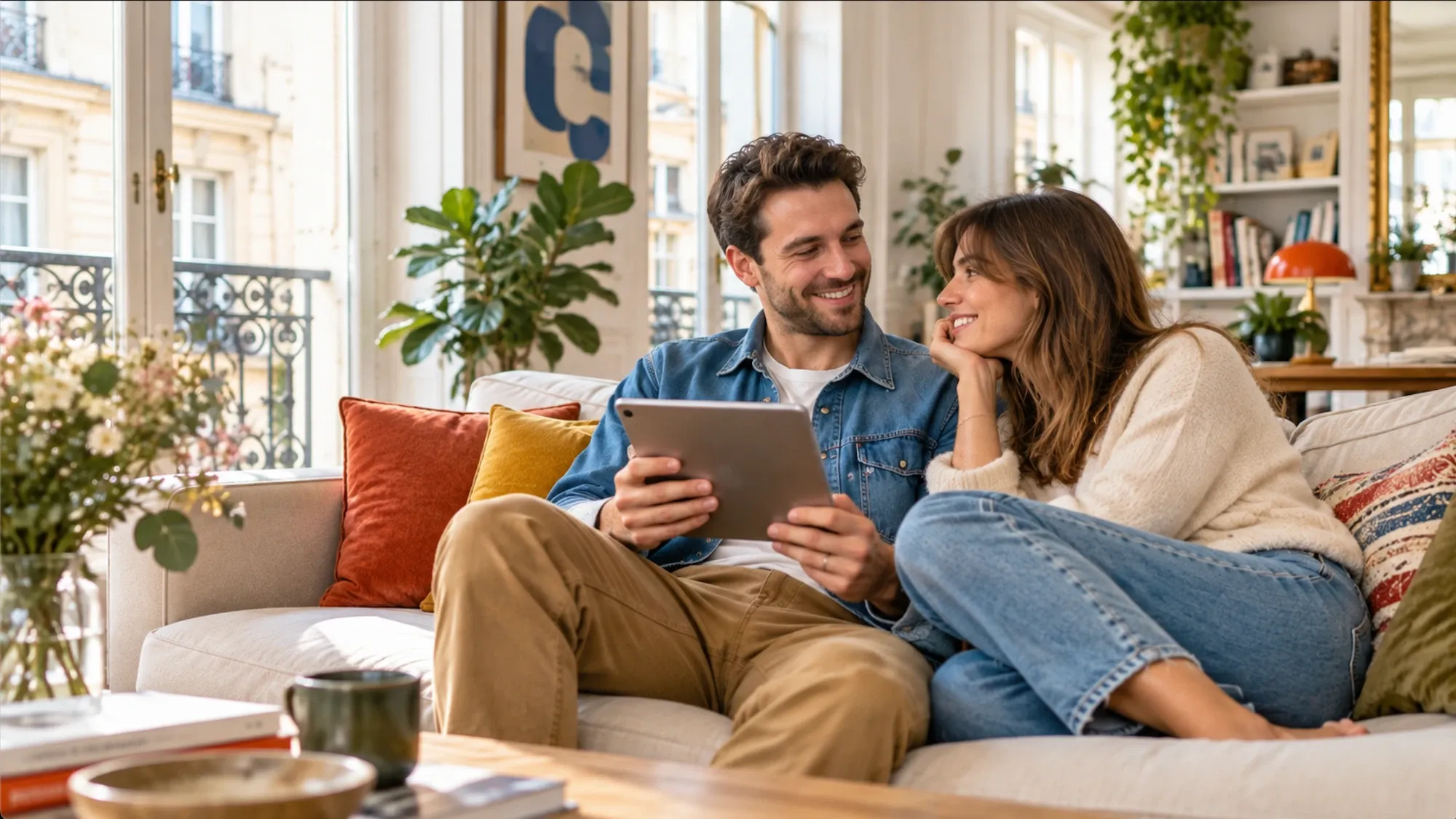 Un couple sourit en consultant une tablette sur le canapé d’un appartement parisien