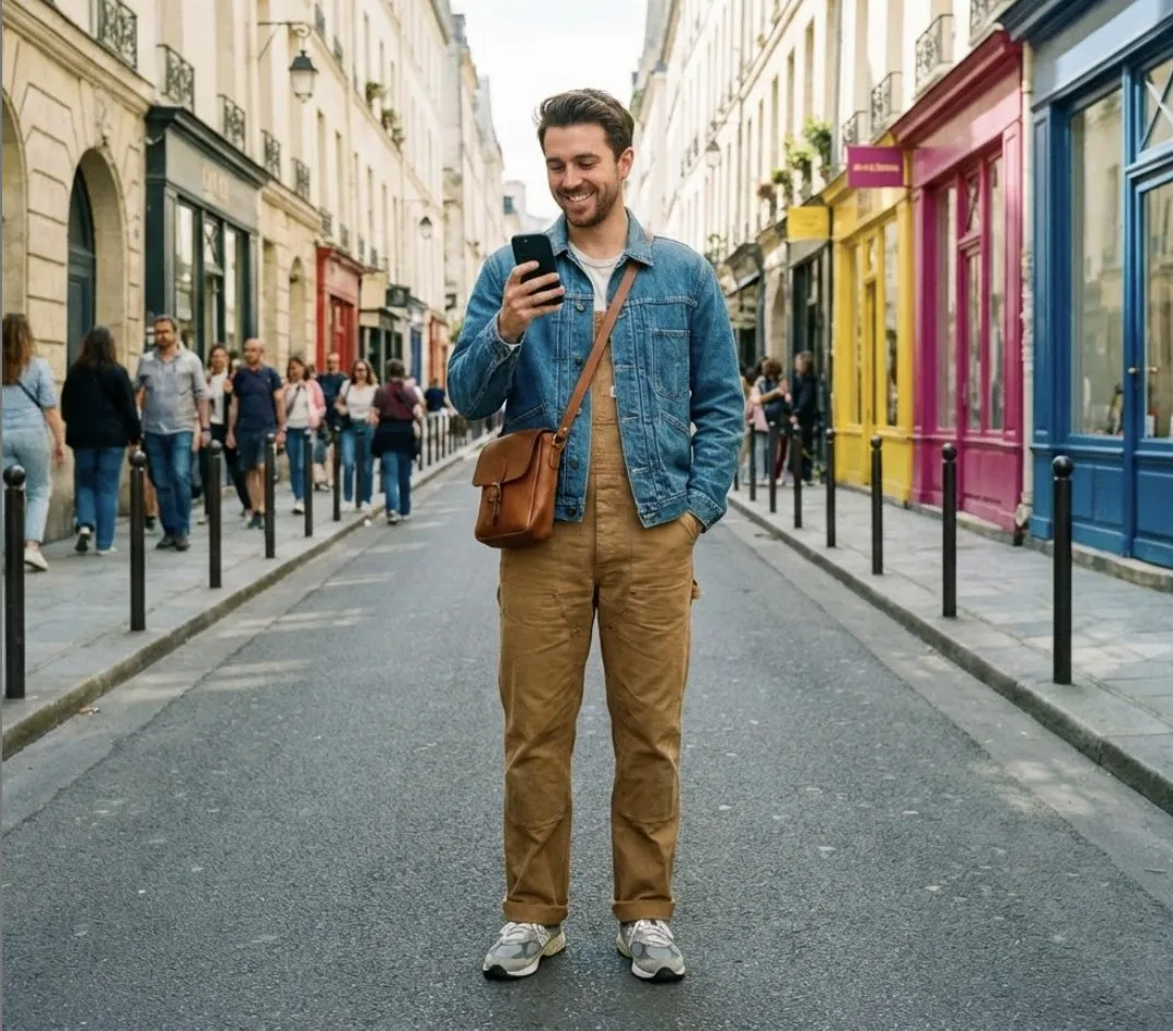 Un homme sourit en consultant son téléphone dans une rue commerçante de Paris