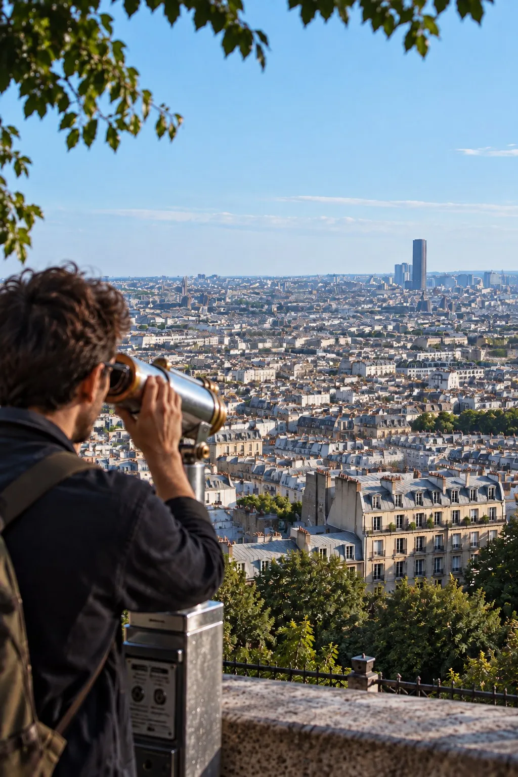 Un homme observe Paris à la longue-vue depuis un belvédère, des pépites turquoise flottent au-dessus des toits